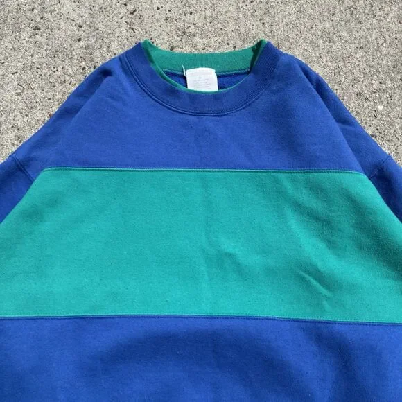 Cheetah VTG 90s Sweatshirt Sweater Green Black Colorblock Stripe Pullover Mens L - Picture 2 of 12